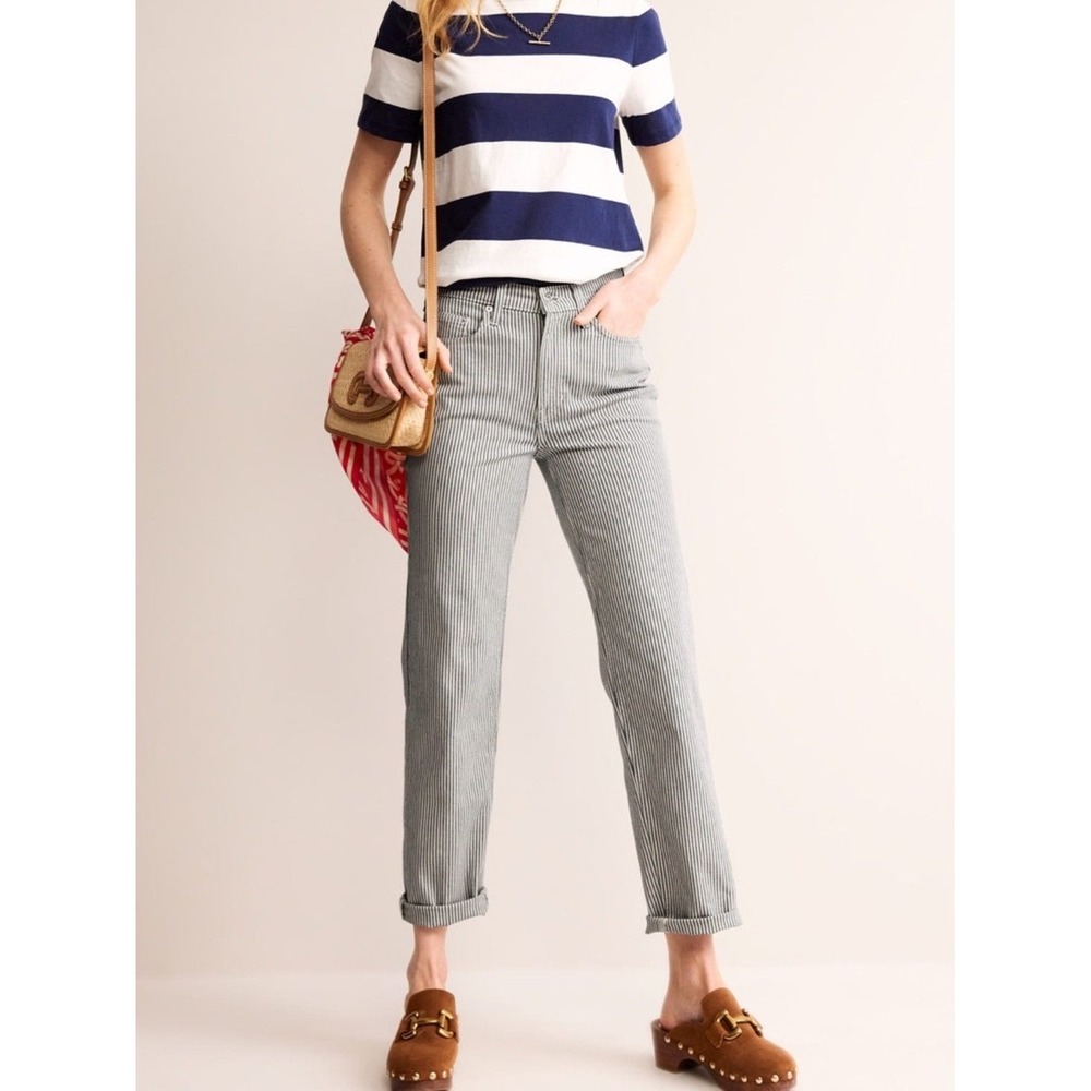 Boden Womens Railroad Stripe Mid Rise 34x26 Slim Leg Jeans Blue White